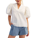 V-Neck Puff-Sleeve Textured Top