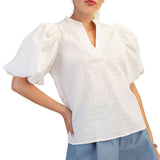 V-Neck Puff-Sleeve Textured Top