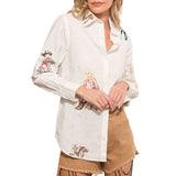 Western Cowgirl Motif Button Up Linen Shirt Blouse