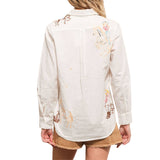 Western Cowgirl Motif Button Up Linen Shirt Blouse