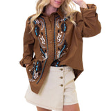 Western Embroidered Poplin Button-Up Top