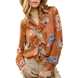Western Print Ruffle Sheer Blouse