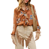 Western Print Ruffle Sheer Blouse