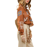 Western Print Ruffle Sheer Blouse