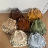 Suede Fringe Bucket Bag - Dark Brown