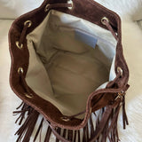 Suede Fringe Bucket Bag - Dark Brown