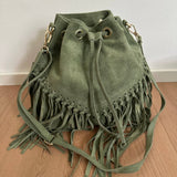 Suede Fringe Bucket Bag - Dark Brown