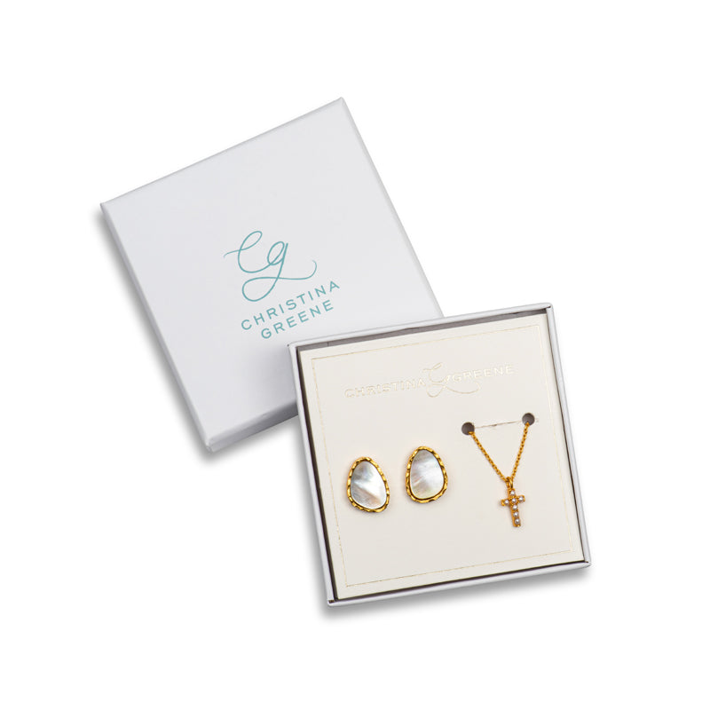 Pearl Stud Earrings and Dainty Cross Necklace Gift Set