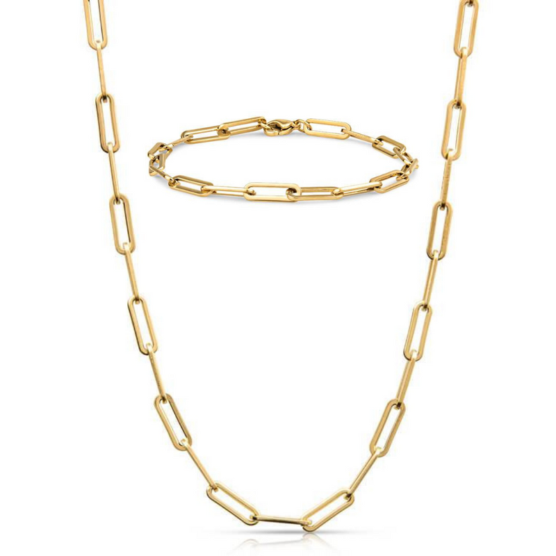 18K Gold Paperclip Necklace and Bracelet Gift Set