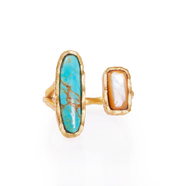 Deco Twin Stone Ring - Turquoise/Pearl - Christina Greene LLC