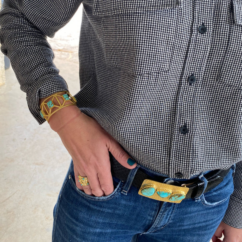 Turquoise and Hammered Gold Belt Buckle